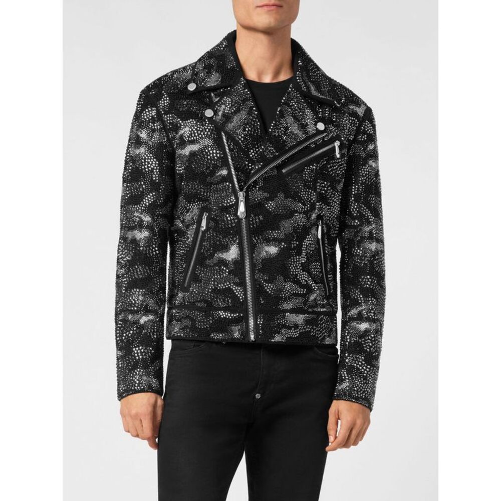 Philipp Plein Men Lambskin Biker Jacket Philipp Plein With Crystal Embroidery